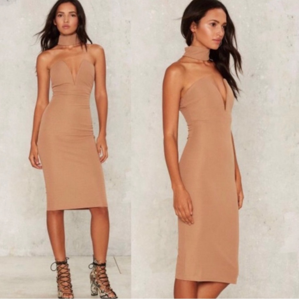 Rare London sz M - Holinda Halter nude tight dress w choker & back zip